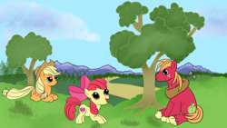 Size: 3840x2160 | Tagged: safe, artist:silversthreads, apple bloom, applejack, big macintosh, earth pony, pony, cutie mark, female, filly, male, mountain, mountain range, scenery, stallion, the cmc's cutie marks, tree