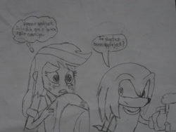 Size: 1024x768 | Tagged: safe, artist:brandonale, applejack, equestria girls, crossover, knuckles the echidna, sonic the hedgehog (series), traditional art