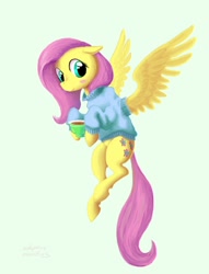 Size: 900x1178 | Tagged: safe, artist:adeptus-monitus, fluttershy, pegasus, pony, blushing, bottomless, clothes, cup, floppy ears, hoof hold, looking at you, looking sideways, partial nudity, simple background, smiling, solo, spread wings, sweater, sweatershy, teacup, white background, wings