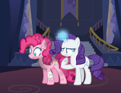 Size: 1024x785 | Tagged: safe, artist:xmelodyskyx, pinkie pie, rarity, earth pony, pony, unicorn, bandage, base used, castle of the royal pony sisters, duo, magic