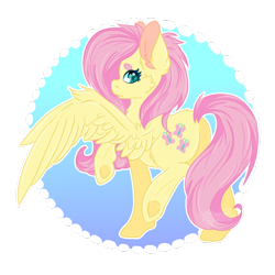 Size: 1024x1024 | Tagged: safe, artist:i3la-dee, fluttershy, pegasus, pony, beanbrows, cheek fluff, circle, eyebrows, looking at you, looking back, looking back at you, looking sideways, plot, raised hoof, raised leg, simple background, solo, spread wings, standing, transparent background, underhoof, wings