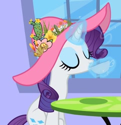 Size: 697x720 | Tagged: safe, derpibooru exclusive, edit, edited screencap, editor:katy木土, screencap, rarity, pony, unicorn, sweet and elite, cropped, cup, drinking, eyes closed, female, hat, levitation, magic, mare, solo, teacup, telekinesis