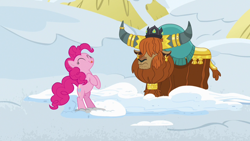 Size: 1280x720 | Tagged: safe, screencap, pinkie pie, prince rutherford, pony, yak, not asking for trouble, eyes closed, licking, licking lips, rearing, snow, tongue out