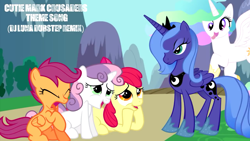 Size: 1280x720 | Tagged: safe, apple bloom, princess celestia, princess luna, scootaloo, sweetie belle, alicorn, earth pony, pegasus, pony, unicorn, cute, cutie mark crusaders, dawwww, derp, derplestia, disgusted, dj luna, eww, female, filly, remix, s1 luna, silly, silly face, silly pony, tongue out, trollestia