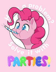 Size: 785x1000 | Tagged: safe, artist:dstears, part of a set, pinkie pie, earth pony, pony, balloon, captions, colored pupils, cute, diapinkes, female, mare, party horn, pink background, positive ponies, simple background, solo