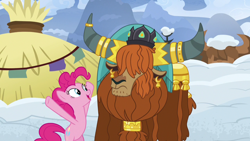 Size: 1280x720 | Tagged: safe, screencap, pinkie pie, prince rutherford, earth pony, pony, yak, not asking for trouble, crown, ear piercing, earring, female, horn ring, jewelry, mare, piercing, regalia, snow