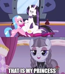 Size: 500x562 | Tagged: safe, edit, edited screencap, screencap, aloe, inky rose, princess celestia, alicorn, bat, earth pony, pegasus, pony, between dark and dawn, honest apple, alternate hairstyle, caption, celestia is not amused, comic, cute, female, goth, hair dye, image macro, mare, meme, open mouth, punklestia, screencap comic, smiling, solo, text, that's my x, unamused, when she smiles, wings