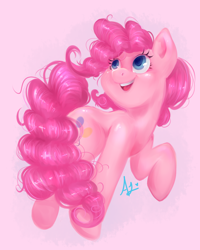 Size: 2000x2500 | Tagged: safe, artist:thefluffyvixen, pinkie pie, earth pony, pony, head turn, looking away, looking up, open mouth, pink background, raised hoof, simple background, smiling, solo