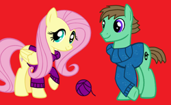 Size: 1660x1024 | Tagged: safe, fluttershy, oc, oc:ian, pegasus, pony, clothes, red background, simple background, sweater, yarn, yarn ball