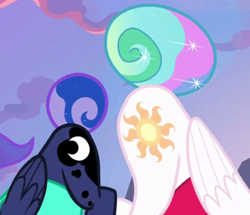 Size: 808x696 | Tagged: safe, screencap, princess celestia, princess luna, alicorn, pony, between dark and dawn, butt, cropped, face down ass up, face not visible, female, mare, moonbutt, out of context, plot, praise the moon, praise the sun, royal sisters, siblings, sisters, sunbutt, tail bun