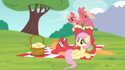 Size: 1280x714 | Tagged: safe, artist:tajgon01, big macintosh, fluttershy, oc, oc:paw soul, pegasus, pony, alternate hairstyle, basket, family, father and child, father and daughter, female, filly, fluttermac, male, offspring, parent and child, parent:big macintosh, parent:fluttershy, parents:fluttermac, picnic, picnic basket, picnic blanket, shipping, short hair, straight