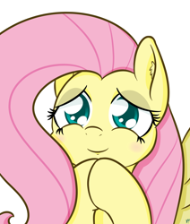 Size: 1100x1300 | Tagged: safe, artist:yakoshi, fluttershy, pegasus, pony, bust, colored pupils, cute, daaaaaaaaaaaw, ear fluff, hooves together, looking at something, portrait, shyabetes, simple background, smiling, solo, white background, wings