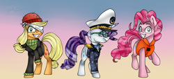 Size: 1880x860 | Tagged: safe, artist:bladedeehunter, artist:chibadeer, applejack, pinkie pie, rarity, earth pony, pony, unicorn, ppov, captain jackbeard, captain rarity, gradient background, lifejacket