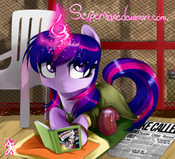 Size: 1410x1279 | Tagged: safe, artist:supermare, derpibooru import, twilight sparkle, abigail "fetch" walker, book, crossover, daring do and the sapphire statue, infamous, infamous first light, infamous second son, newspaper, solo