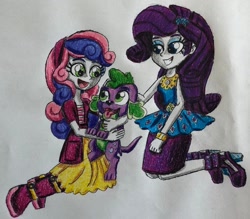 Size: 1024x897 | Tagged: safe, artist:bozzerkazooers, rarity, spike, spike the regular dog, sweetie belle, dog, equestria girls, boots, clothes, dress, high heels, jacket, looking at each other, open mouth, petting, shoes, siblings, simple background, sitting, skirt, smiling, tongue out, traditional art, white background