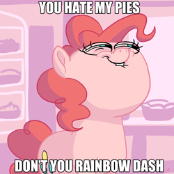 Size: 1500x1500 | Tagged: safe, artist:docwario, pinkie pie, earth pony, pony, secrets and pies, female, just one bite, lip bite, mare, parody, shit eating grin, solo, spongebob squarepants, squint