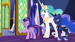 Size: 1366x768 | Tagged: safe, screencap, princess celestia, princess luna, twilight sparkle, twilight sparkle (alicorn), alicorn, pony, between dark and dawn, discovery family logo, door, faic, scoff, twilight's castle