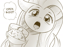 Size: 1600x1200 | Tagged: safe, artist:phoenixperegrine, fluttershy, pegasus, pony, bust, cute, feeding, female, food, hoof hold, looking at you, magnet hoof, mare, monochrome, open mouth, portrait, rice, shyabetes, simple background, sketch, speech bubble, spoon