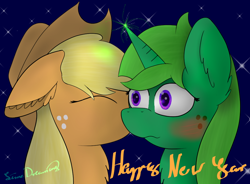 Size: 1024x752 | Tagged: safe, artist:limedreaming, applejack, oc, oc:lime dream, earth pony, pony, blushing, canon x oc, female, horngasm, kissing, lesbian, new year, night, orgasm, shipping