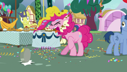 Size: 1920x1080 | Tagged: safe, screencap, blues, bon bon, noteworthy, pinkie pie, sweetie drops, earth pony, pony, secrets and pies, angry, balloon, betrayal, food, hypocrisy, pie, pie tin, plot, sin of pride, sin of wrath, yelling