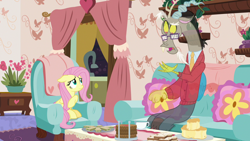 Size: 1280x720 | Tagged: safe, screencap, discord, fluttershy, draconequus, pegasus, pony, discordant harmony, clothes, fading, food, glasses, milk toast, sandwich, sweater, teapot, transparent