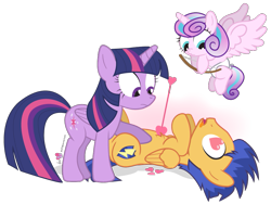 Size: 963x725 | Tagged: safe, artist:dm29, flash sentry, princess flurry heart, twilight sparkle, spoiler:s06, arrow, bow (weapon), bow and arrow, cupid, cute, dead, diaper, flurrybetes, flying, frown, heart, heart eyes, open mouth, simple background, spread wings, tongue out, transparent background, trio, valentine's day, wingding eyes