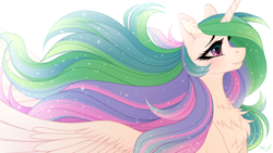 Size: 1920x1080 | Tagged: safe, artist:vird-gi, princess celestia, alicorn, pony, beautiful, chest fluff, crying, ear fluff, female, flowing mane, mare, smiling, solo, spread wings, tears of joy, wings