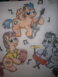 Size: 2736x3648 | Tagged: safe, artist:shelby100, cheese sandwich, flash sentry, soarin', pony, accordion, backwards cutie mark, band, chest fluff, drums, ear fluff, fluffy, guitar, musical instrument, old cutie mark, traditional art