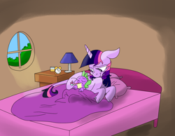 Size: 1280x995 | Tagged: safe, artist:ced75, artist:imsokyo, derpibooru import, spike, twilight sparkle, classical unicorn, dragon, bed, cloven hooves, colored, daily life of spike, eyes closed, floppy ears, frown, leonine tail, mama twilight, prone, sick, sleeping, smiling, spikelove, thermometer, unshorn fetlocks