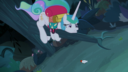 Size: 1920x1080 | Tagged: safe, screencap, princess celestia, alicorn, bird, chicken, pony, between dark and dawn, adorable distress, alektorophobia, cute, female, looking down, mare, pathetic, scared, sitting in a tree, that princess sure is afraid of chickens, tree, tree branch