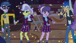 Size: 1280x720 | Tagged: safe, screencap, aqua blossom, carlos thunderbolt, flash sentry, microchips, suri polomare, upper crust, equestria girls, friendship games, background human, clothes, crystal prep academy uniform, dancing, female, kneesocks, legs, male, offscreen character, plaid skirt, pleated skirt, school uniform, skirt, socks