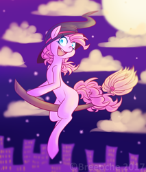 Size: 1024x1201 | Tagged: safe, artist:breeoche, pinkie pie, earth pony, pony, broom, flying, flying broomstick, hat, solo, witch hat