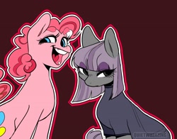 Size: 1280x1006 | Tagged: safe, artist:quietwheezing01, maud pie, pinkie pie, earth pony, pony, clothes, eyeshadow, female, looking at you, makeup, open mouth, red background, siblings, signature, simple background, sisters, smiling