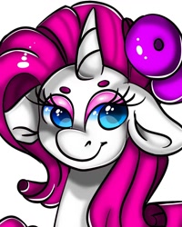 Size: 1080x1350 | Tagged: safe, artist:tessa_key_, rarity, pony, unicorn, bust, eyelashes, female, fruit, makeup, mare, rarifruit, simple background, smiling, solo, white background