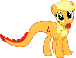 Size: 2499x1909 | Tagged: safe, artist:arifproject, applejack, monster pony, original species, tatzlpony, apple, cute, food, jackabetes, looking at you, nom, simple background, solo, species swap, tatzlbetes, tatzljack, transparent background, vector