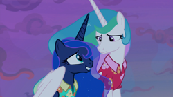 Size: 1920x1080 | Tagged: safe, screencap, princess celestia, princess luna, alicorn, pony, between dark and dawn, clothes, cute, daaaaaaaaaaaw, duo, female, hug, looking at each other, mare, royal sisters, shirt, siblings, sisters, winghug