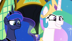 Size: 1920x1080 | Tagged: safe, screencap, princess celestia, princess luna, alicorn, pony, between dark and dawn, ethereal mane, evil grin, faic, female, grin, mare, royal sisters, siblings, sisters, smiling, starry mane