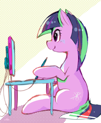 Size: 899x1099 | Tagged: safe, artist:kora, derpibooru import, twilight sparkle, computer, cute, drawing, hoof hold, monitor, sitting, smiling, solo, stylus, tablet