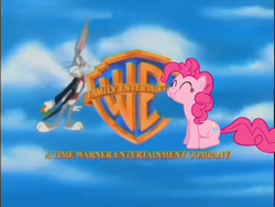 Size: 1025x770 | Tagged: safe, pinkie pie, earth pony, pony, rabbit, animal, bugs bunny, eating, logo, warner brothers