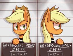 Size: 2600x2000 | Tagged: safe, artist:malphee, applejack, earth pony, pony, background pony, background pony applejack, clothes, high res, mugshot, prison outfit, prison stripes, solo