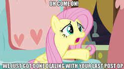 Size: 1280x720 | Tagged: safe, edit, edited screencap, screencap, fluttershy, pegasus, pony, discordant harmony, image macro, meme, oh come on, solo