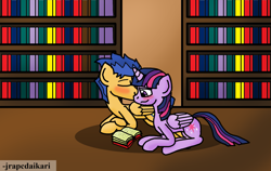 Size: 2345x1485 | Tagged: safe, artist:jrapcdaikari, flash sentry, twilight sparkle, twilight sparkle (alicorn), alicorn, pony, book, female, flashlight, kiss on the cheek, kissing, library, male, mare, reading, shipping, straight