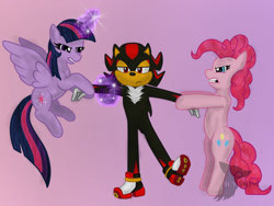 Size: 1024x768 | Tagged: safe, artist:icysnew, derpibooru import, pinkie pie, twilight sparkle, twilight sparkle (alicorn), alicorn, earth pony, pony, crack shipping, crossover, crossover shipping, female, jealous, male, mare, shadow the hedgehog, shadpie, shadtwi, shipping, sonic the hedgehog (series), straight