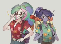 Size: 1845x1348 | Tagged: safe, artist:tcn1205, princess celestia, princess luna, human, between dark and dawn, equestria girls, belt, clothes, equestria girls interpretation, female, glasses, humanized, pants, pony coloring, ponytail, royal sisters, scene interpretation, shirt, simple background, sunglasses, tourist, white background