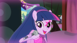 Size: 1326x745 | Tagged: safe, derpibooru import, screencap, twilight sparkle, twilight sparkle (alicorn), alicorn, equestria girls, perfect day for fun, rainbow rocks, microphone, ponied up, solo