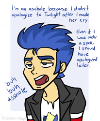 Size: 1280x1554 | Tagged: safe, artist:hasana-chan, flash sentry, equestria girls, rainbow rocks, comic, dialogue, flash sentry is not amused, humanized, implied dazzlings, sarcasm, seizure warning in description, solo, unamused, vulgar