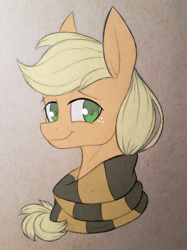 Size: 2800x3744 | Tagged: safe, artist:waterferret, part of a set, applejack, earth pony, pony, bust, clothes, crossover, harry potter, hufflepuff, looking at you, portrait, scarf, solo, traditional art