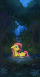 Size: 1500x2854 | Tagged: safe, artist:1jaz, fluttershy, duck pony, firefly (insect), pegasus, pony, bathing, female, floppy ears, flutterduck, forest, mare, night, outdoors, river, solo, swimming, water, waterfall