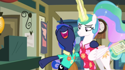 Size: 1366x766 | Tagged: safe, screencap, princess celestia, princess luna, alicorn, pony, between dark and dawn, cash register, clock, discovery family logo, levitation, magic, mail, post office, telekinesis, that pony sure does love the post office