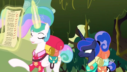 Size: 1366x768 | Tagged: safe, screencap, princess celestia, princess luna, alicorn, pony, between dark and dawn, alternate hairstyle, clothes, discovery family logo, hawaiian shirt, levitation, list, magic, outdoors, ponytail, saddle bag, scroll, shirt, swamp, telekinesis, upset, written equestrian